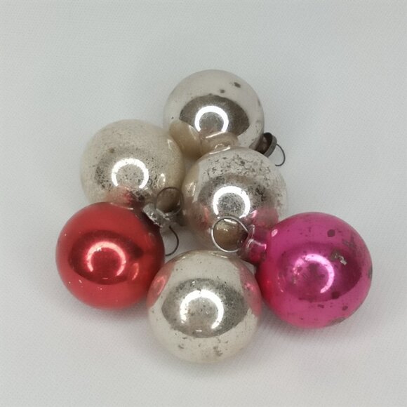 MCM Christmas Ornament Set Of 6 Feather Tree Pink Silver Glass Shiny Brite 1950s - Picture 2 of 6